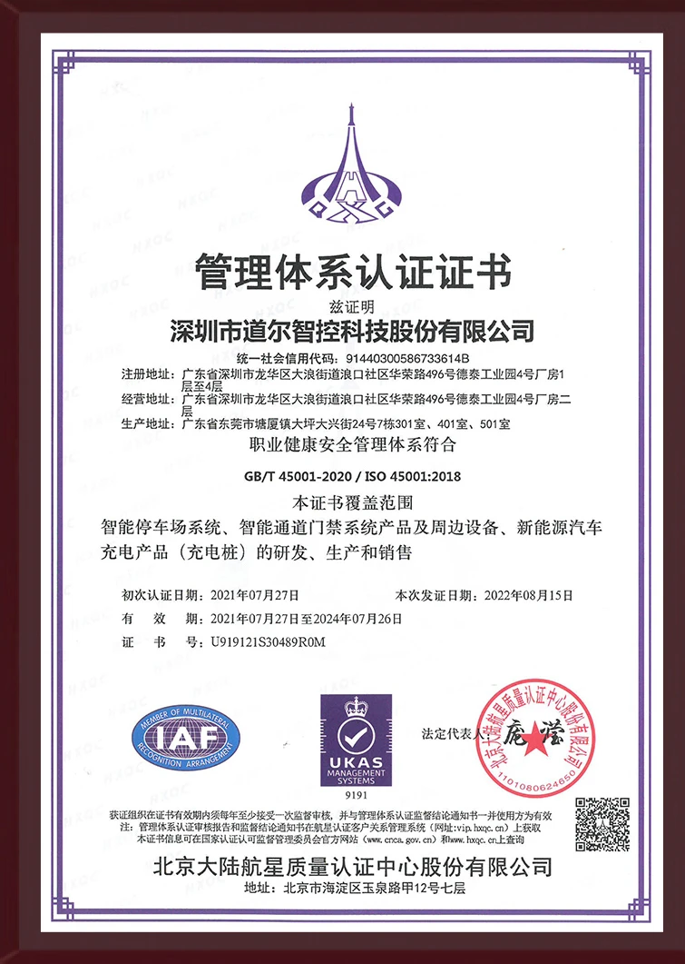 职业健康安全管理体系认证证书-中文2022年